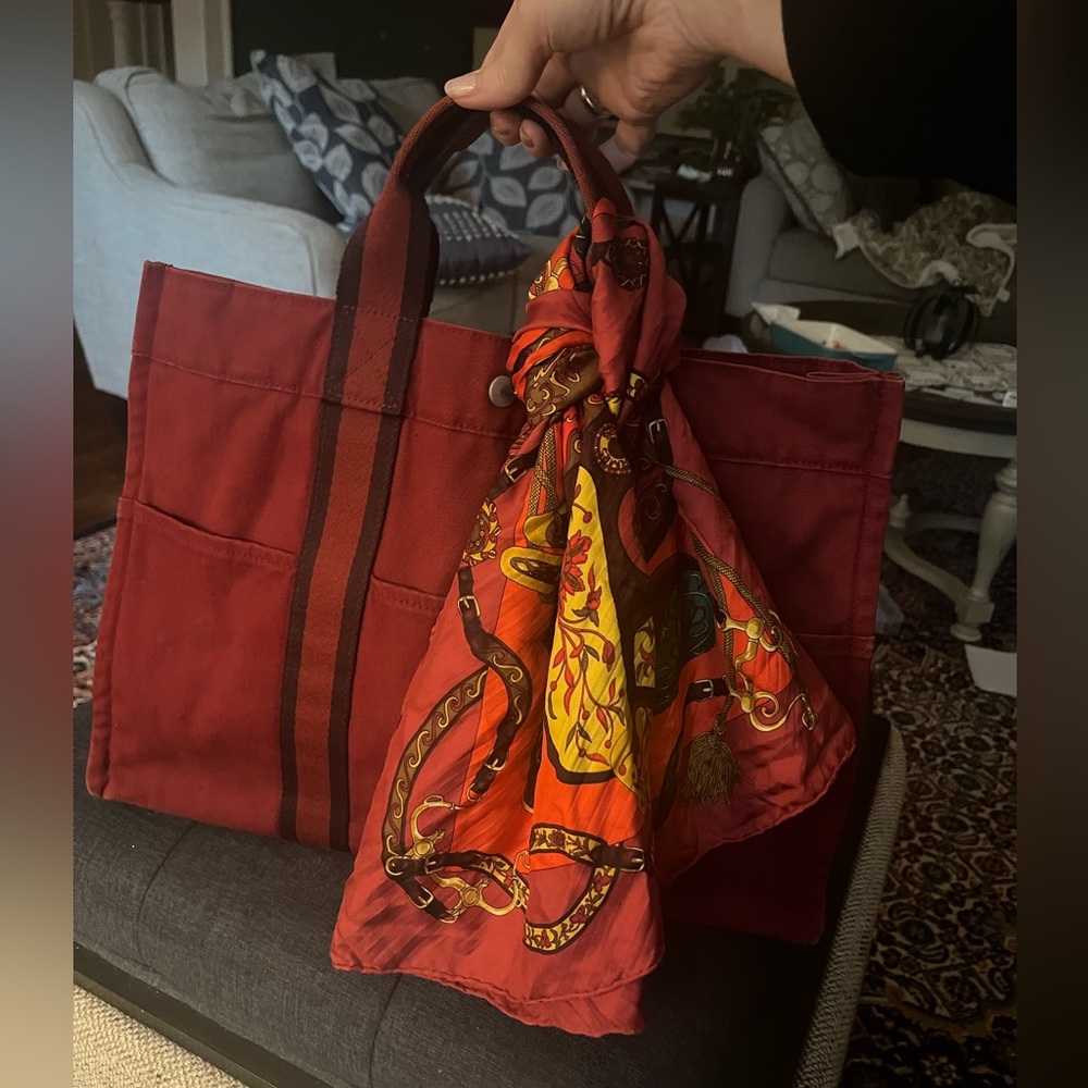 Hermes Large Burgundy Tote with Hermes Silk Scarf